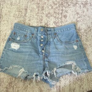 Levi's Light Blue Distressed Button-Fly Jean Shorts